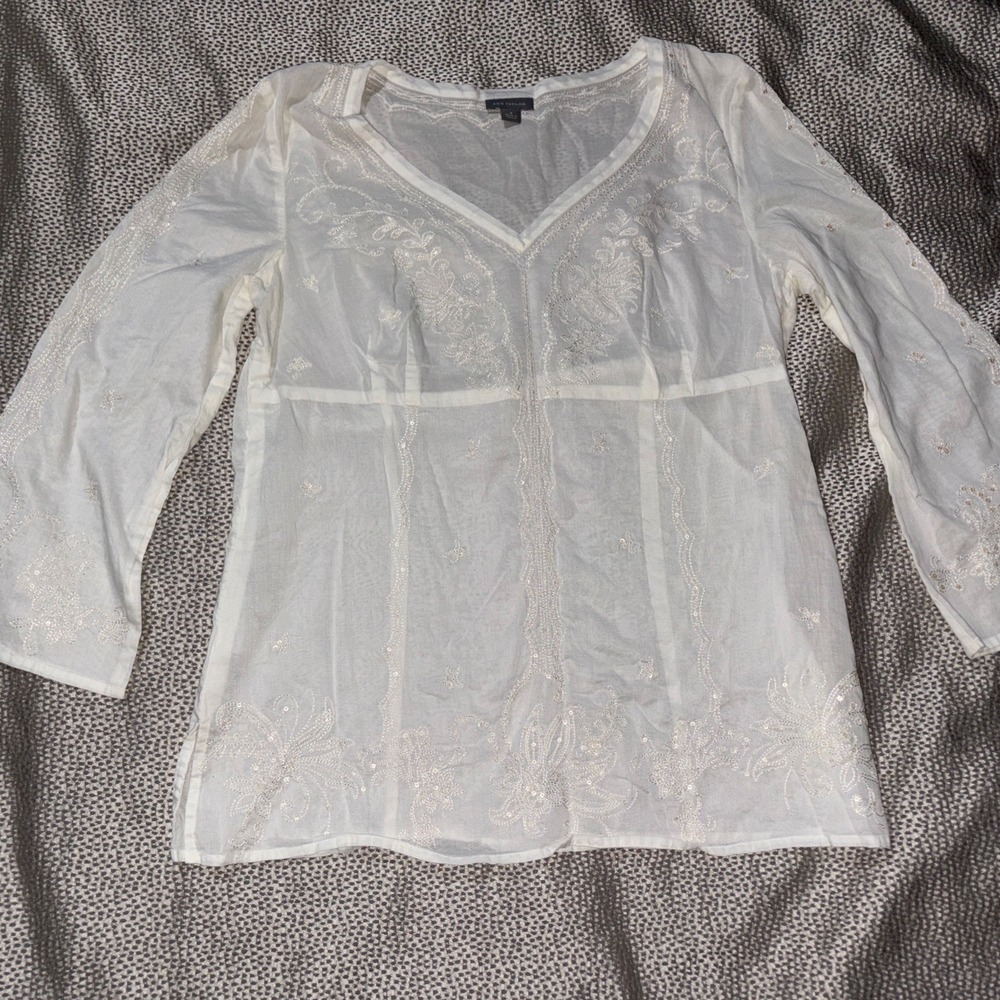 Bohemian Blouse Embroidered Sequins Romantic Cottagecore Size 8 Beige
